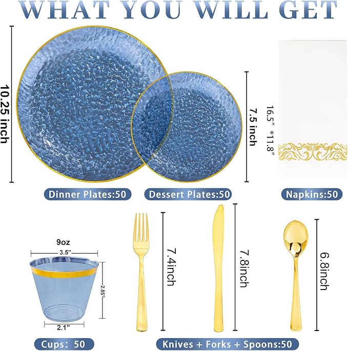 DaYammi 350PCS Blue Plastic Dinnerware Set, Plastic Plates Disposable Hammered Disposable Plates for Party, Include: 50 Dinner Plates 50 Dessert Plates 150 Gold Silverware 50 Napkins 50 Cups