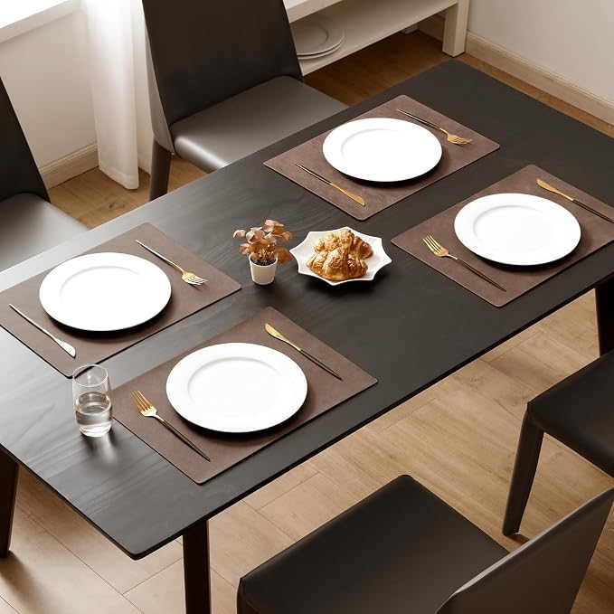 MOSAYT Vinyl Placemats Set of 4-12 X 17 Inch - Faux Leather 100% Waterproof Oil-Proof Wipeable PU Place Mats, Heat Resistant Reversible Table Mats for Kitchen, Dining, Outdoor, Brown