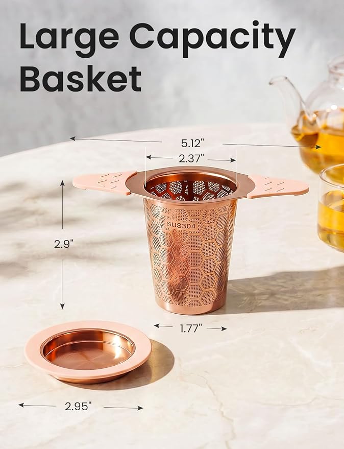 Tea Infuser for Loose Leaf Tea,Stainless Steel Tea Strainer with Silicone Handles,Extra Fine Mesh Tea Strainers for Loose Tea Filter Fine Tea Leaves Effectively,Fits TeaPots/Mugs (Rose gold)