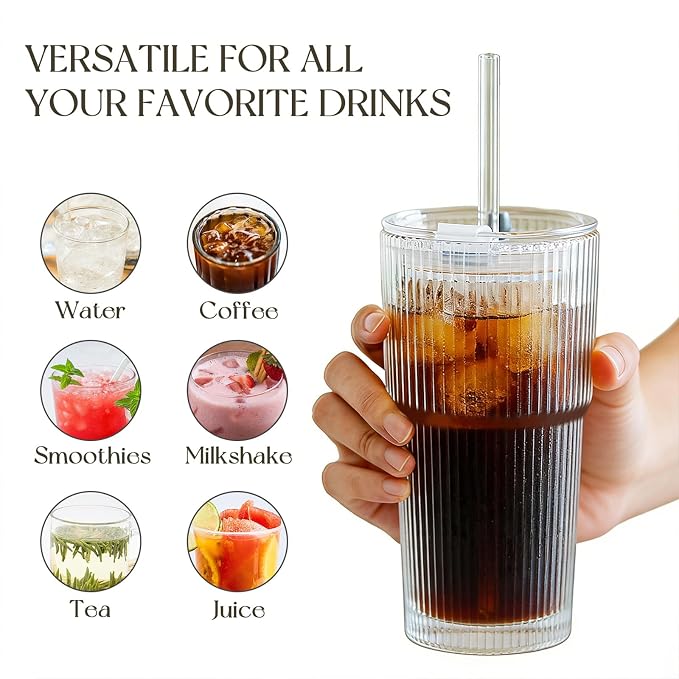 KEMORELA 20oz Ribbed Glass Tumblers with Lids and Straws, Iced Coffee Cups | Reusable thick-wall glass, Leak-Proof Lids, Fits Most Car Cup Holders, For Iced Coffee and Cold Drinks, With Cleaning Brush