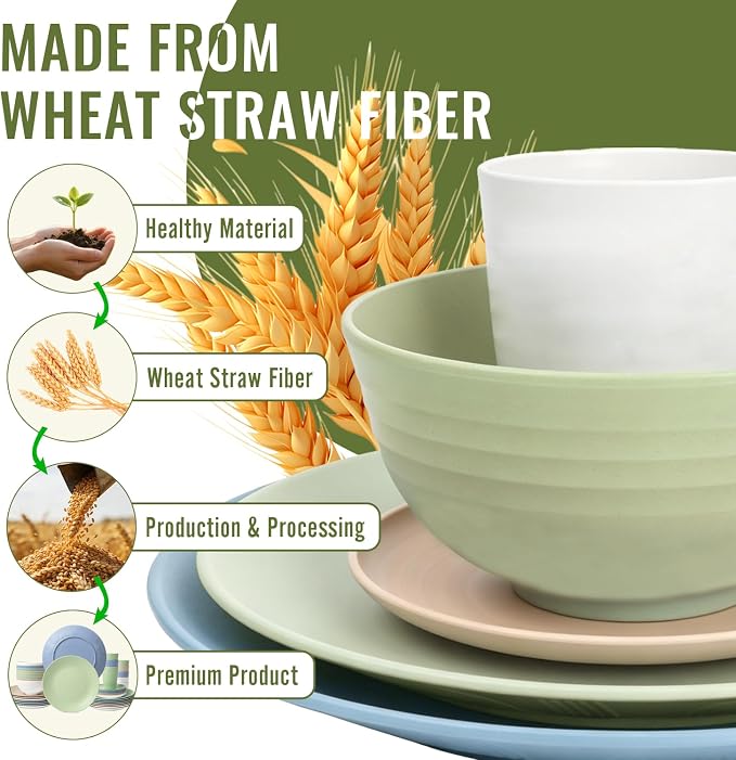 40 PCS Wheat Straw Dinnerware Sets Unbreakable Dishes Set for 8 Plastic Plates and Bowls Sets with Cups Dishwasher & Microwave Safe - Colorful