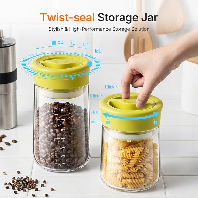 Glass Storage Jar with Airtight Twist-Seal Lid for Snacks, 17 fl oz | Clear Borosilicate Decorative Jar With Scale, Wide Mouth, Easy Open/Clean, Twist-to-Lock Freshness for Coffee, Sugar, Nuts