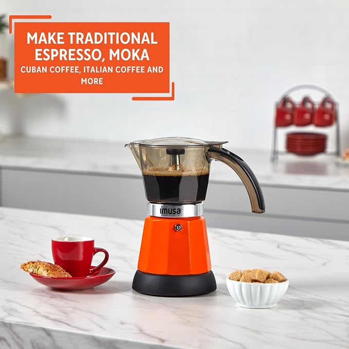 IMUSA 6 or 3 Cup Electric Espresso Maker with Cool-Touch Handle, Orange | Bare Aluminum Finish, Cool-Touch Handle with Visual Indicator, Makes Espresso, Ideal for Everyday Use and Gifts