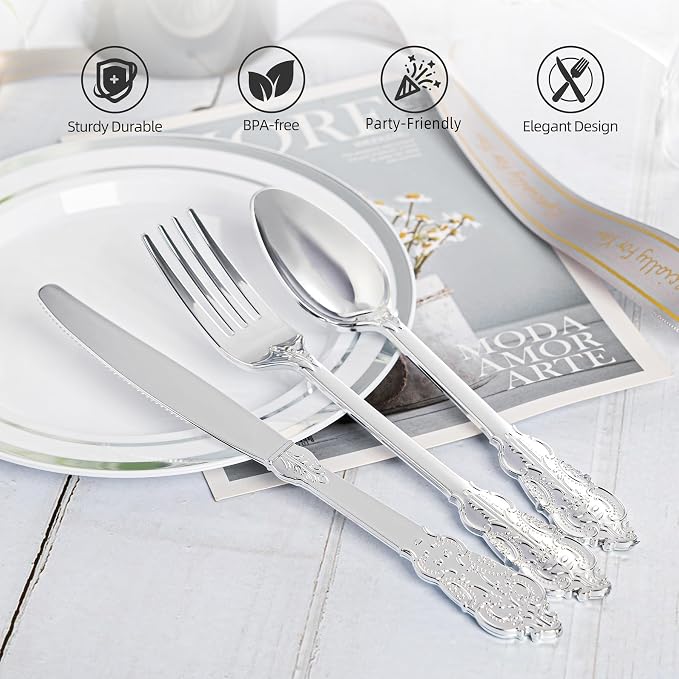 300PCS Silver Plastic Silverware, Vintage Disposable Utensils & Cutlery | 100 Fancy Forks, Spoons, Knives, Heavy Duty, BPA-Free, for Party, Weddings, Birthday & Holiday