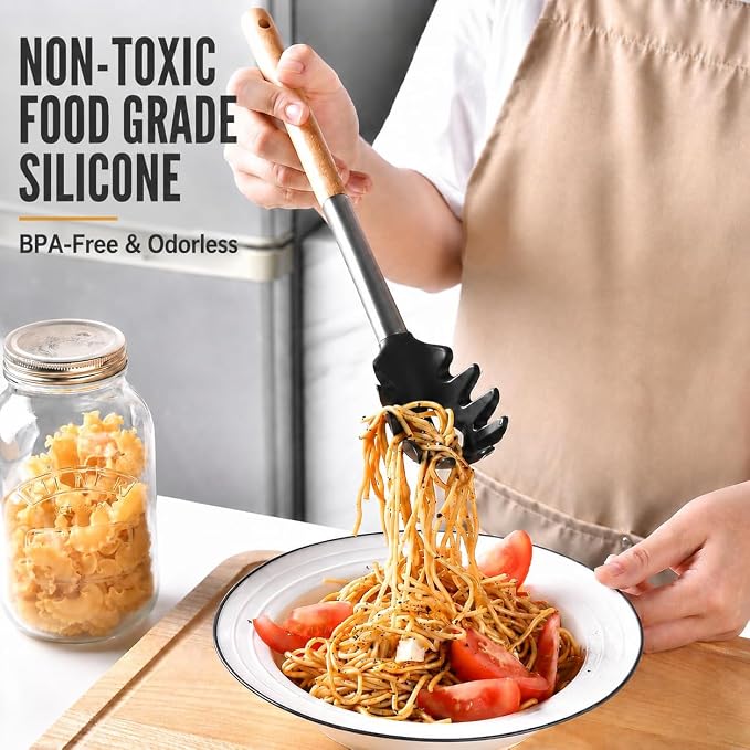 Silicone Kitchen Utensils Set, 9 Pcs Full-Size Non-Toxic Cooking Utensils with Wooden Handles & Stainless Steel Core, Heat Resistant Food Grade Kitchen Gadgets for Nonstick Cookware