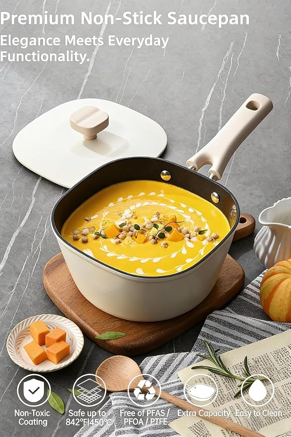3QT Saucepan with Lid, Nonstick Ceramic Coating, PFAS & PFOA-Free, Induction Compatible, Dishwasher Safe, Stay-Cool Handles, Durable Scratch-Resistant Design