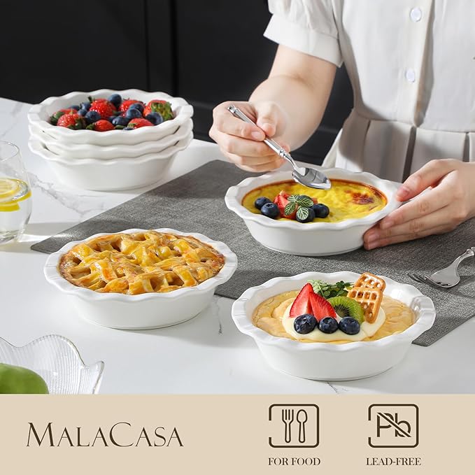 MALACASA Mini Pie Pans Set 6, 6 Inch Ceramic Quiche Tart Pans White | Small Pie Plates for baking for Quiche, Tart, Individual Pot Pie