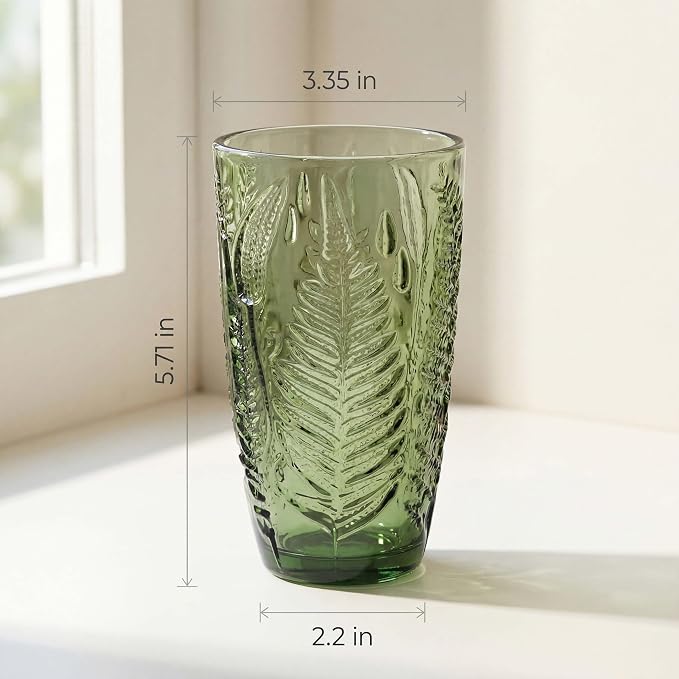 Green Drinking Glasses Set of 8, 16 oz Glass Cups, Vintage Fern Glassware | Hand-Pressed, Dishwasher Safe, Boho Leaf-Textured Drinkware, Colored Embossed Highball Tumblers for Water, Retro Kitchen Gift