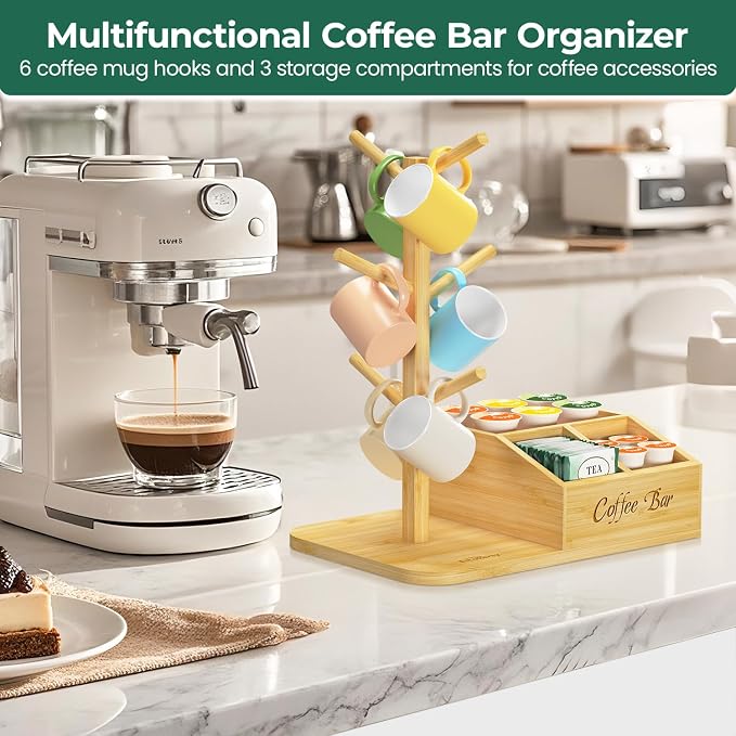 EsLuker.ly Mug Tree Holder Stand, Countertop Bamboo Coffee Cup Organizer | Rack for Kitchen Office, Space-Saving Coffee Station Bar Organizer with 6 Hooks, Modern Design Enhances Decor