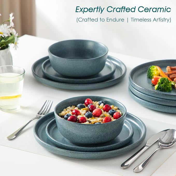 vancasso ZERMATT 18 Pieces Stoneware Dinnerware, Plates and Bowls Set for 6 | Dinnerware Set for 6 in Smoky Teal Reactive Glaze Stoneware, Kitchen Dinner Set, Microwave and Dishwasher Safe