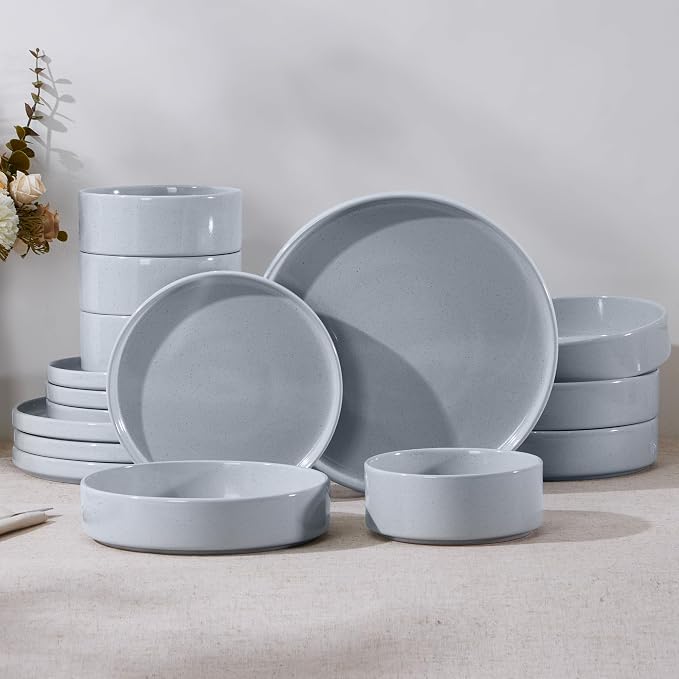 E-far 16-Piece Stoneware Dinnerware Sets with Pasta Bowls, Speckled Gray | Plates and Bowls Sets for 4, Chip and Scratch Resistant, Microwave & Dishwasher Safe Kitchen Modern Dish Set