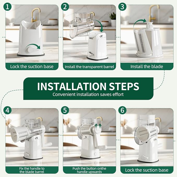 The CoveCarol rotary cheese grater comes with 5 blades and 3 tools: a round mandolin slicer and a food shredder. Suitable for fruits, vegetables, nuts, etc., it includes a blade storage box. (White)