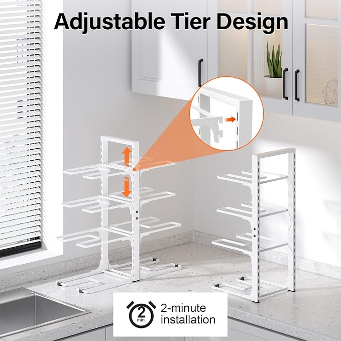MUDEELA 8-Tier Heavy Duty Pots and Pans Organizer for Cabinet, 20.8"H White | Adjustable heavy-duty pot rack, Holds big stockpots and cookware, Fits under cabinet or on countertops, Easy Assembly
