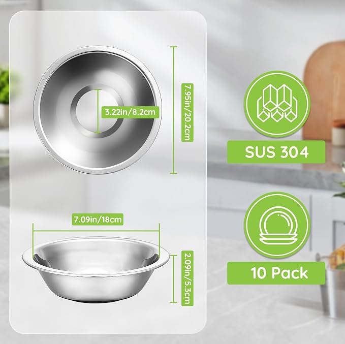 304(18/8) Stainless Steel Mixing Bowls for Kitchen, 10 Pack 7.8" 28.89 fl.oz Metal Mixing Bowls Set Stackable for Baking Serving Cooking Food Prep Storage Dishwasher Safe Heavy Duty