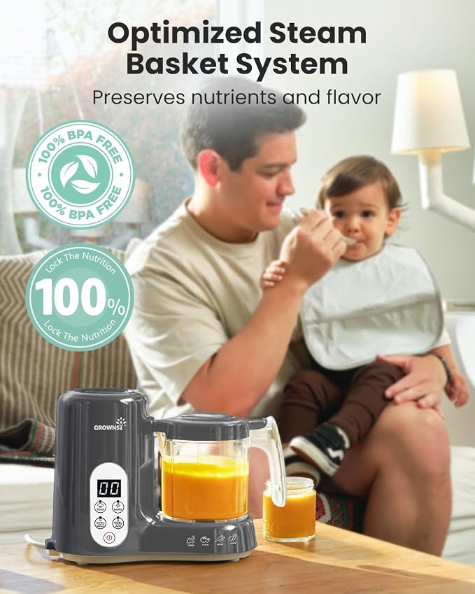 Grownsy Baby Food Maker, Steamer & Blender Baby Food Processor, Dark Grey | BPA-Free Elevated Steam Basket, Healthy Homemade Baby Food Purees, Starting Solids & BLW, Baby Feeding Essentials, 6+ Months