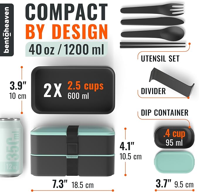Bentoheaven Bento Box Adult, Stackable Lunch Box, 40 oz, Billie Green | BPA-free, leakproof and microwave-safe with 2 compartments, utensils, chopsticks, divider and sauce cup for men and women.