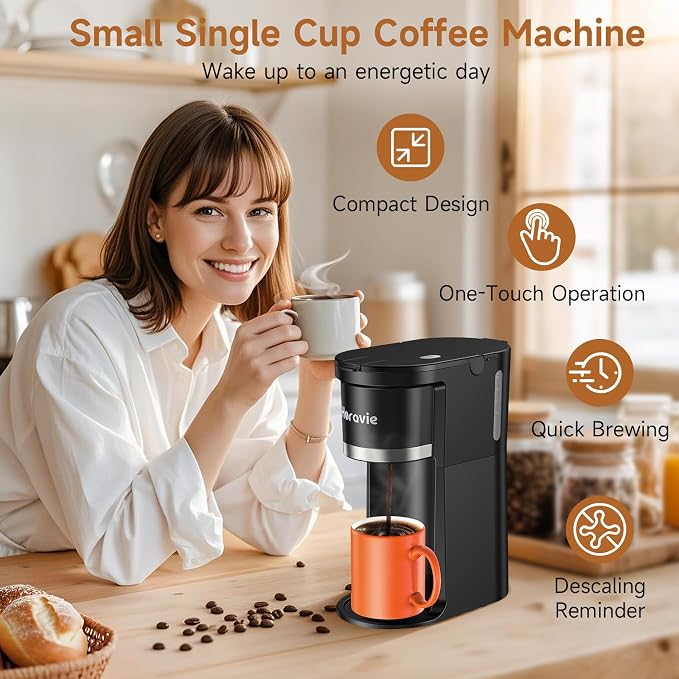 Small Single Serve Coffee Maker, One Cup Coffee Machine for K-Cup & Grounds | Portable Pod Coffee Maker, Fast Brew, 6 to 12 oz. Brew Sizes, One Button Design, Easy for Elder to Use, Space Saving, Black