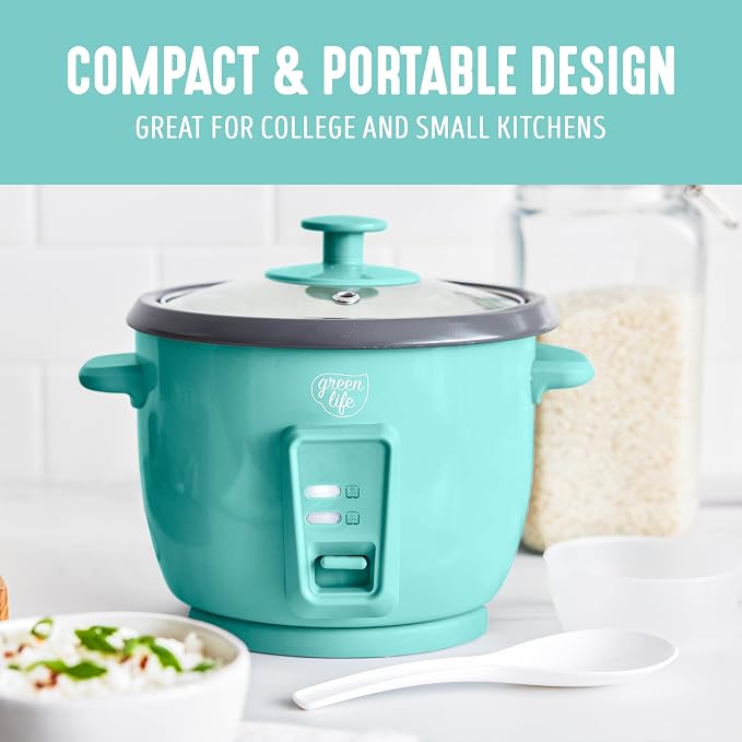 GreenLife Rice Cooker, 3-Cups Uncooked/6-Cups Cooked, Turquoise | PFAS-Free Ceramic Nonstick Removable Pot, One-Switch Design, Grains Multicooker, Keep Warm, Dishwasher Safe Parts, Easy Clean