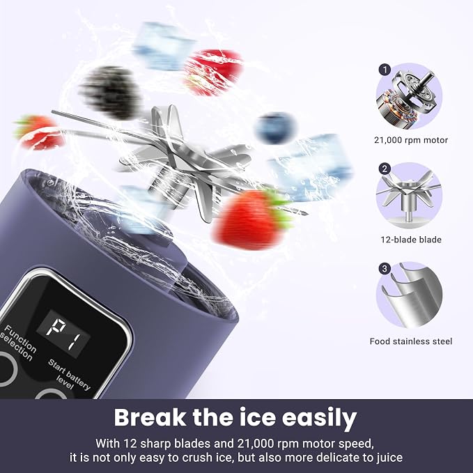 Personal Blender 500ml, USB-C, Ice Crush | BPA-free PCTG cup,304SS blades,50W ice crush,USB-C rechargeable,500ml lightweight,for gym/outdoor/beach/office/travel