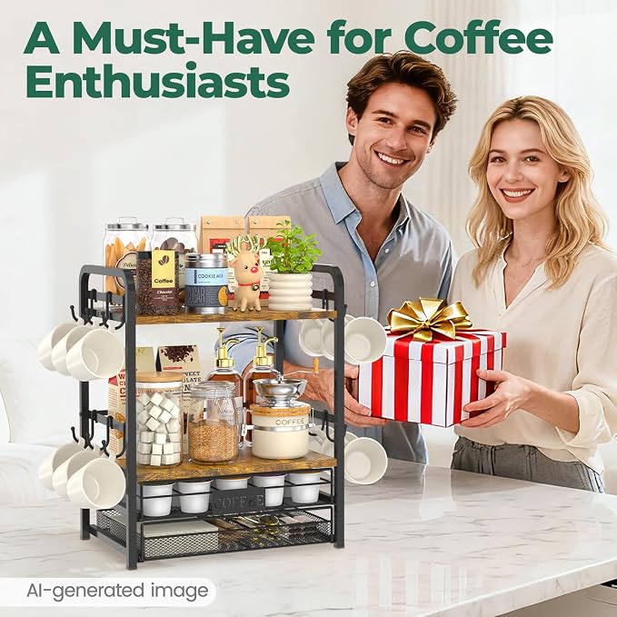 EsLuker.ly Coffee Bar Organizer Station Shelf Mug Holder for Countertop | 4 Tier Mug Holder Stand with 12 Hooks, K Cup Pod Drawer for Home Office, Keeps Essentials Tidy & Accessible