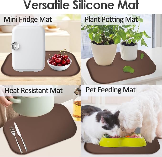 Silicone Coffee Maker Mat with Lip for Countertops, 17.4'' x 10.6'', Brown | Multi leak-proof coffee tray for countertop, non-slip silicone mat fits most coffee makers & espresso machines, wipe-clean