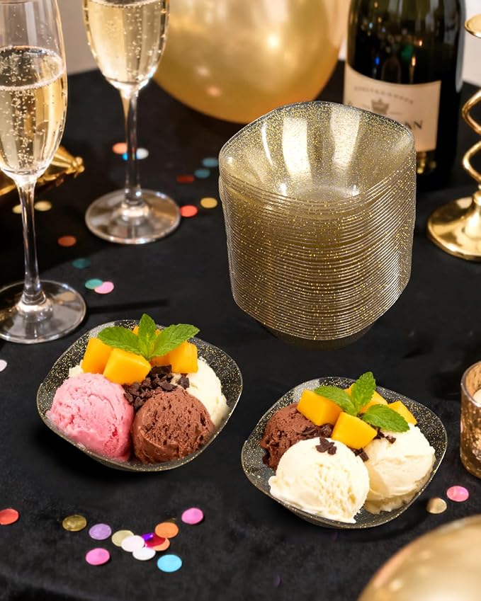 bUCLA 50Pack Gold Glitter Plastic Small Bowls - 8oz Disposable Ice Cream/Salsa/Dipping/Dessert/Sauce/Small Serving Bowls for Party