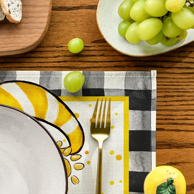 Artoid Mode Buffalo Plaid Gnome Bee Sunflower Summer Placemats Set of 4, 12x18 Inch Seasonal Spring Table Mats for Party Kitchen Dining Decoration