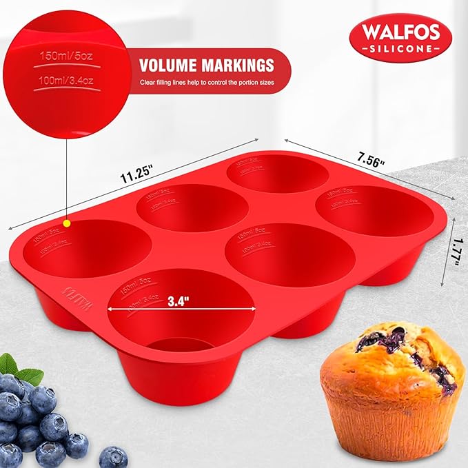 Walfos Silicone Texas Muffin Pan - 6 Cup Jumbo Silicone Cupcake Pan, Non-Stick, Just Release! Perfect for Egg Muffin, Big Cupcake - BPA Free and Dishwasher Safe