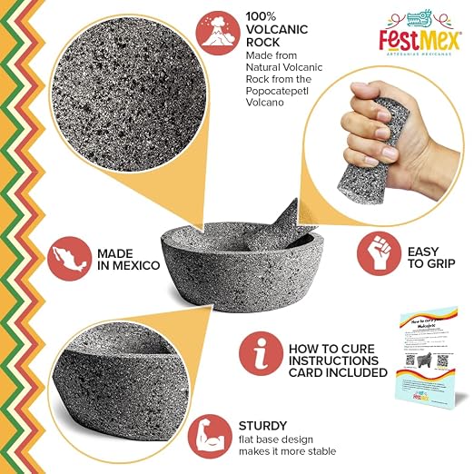 Genuine Handmade Mexican Mortar and Pestle Set 8 Inches Flat Base, Molcajete Mexicano — Mexican Cookware Perfect as Guacamole Bowl and Masher, Mortero para Cocina Made from Volcanic Rock in Mexico