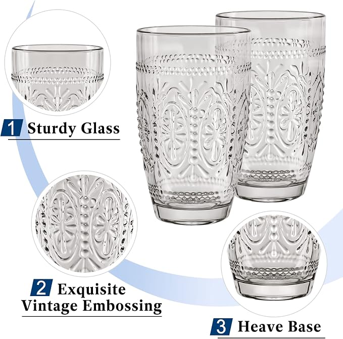Colored Vintage Drinking Glasses Set of 4, 15.5 oz Romantic Embossed Water Glasses, Colored Tumblers Tempered Glass for Juice, Beverages, Beer, Cocktail (Gray)