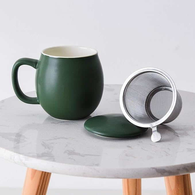 Yundu 12 OZ Matte Green Ceramics Teacup with Infuser and Lid, Mug with Lid for Steeping - Stainless Steel Infuser for Loose Leaf Tea, Home Office Gift for Tea Lovers