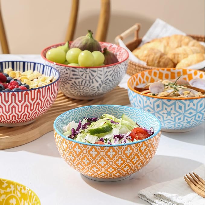 Selamica Ceramic Cereal Bowls Set of 6, 24 Oz Deep Soup Bowls for Kitchen | 5.9 Inch Dessert Bowls for Salad, Pasta, Oatmeal, Ramen, Microwave Dishwasher Safe, Assorted Colors