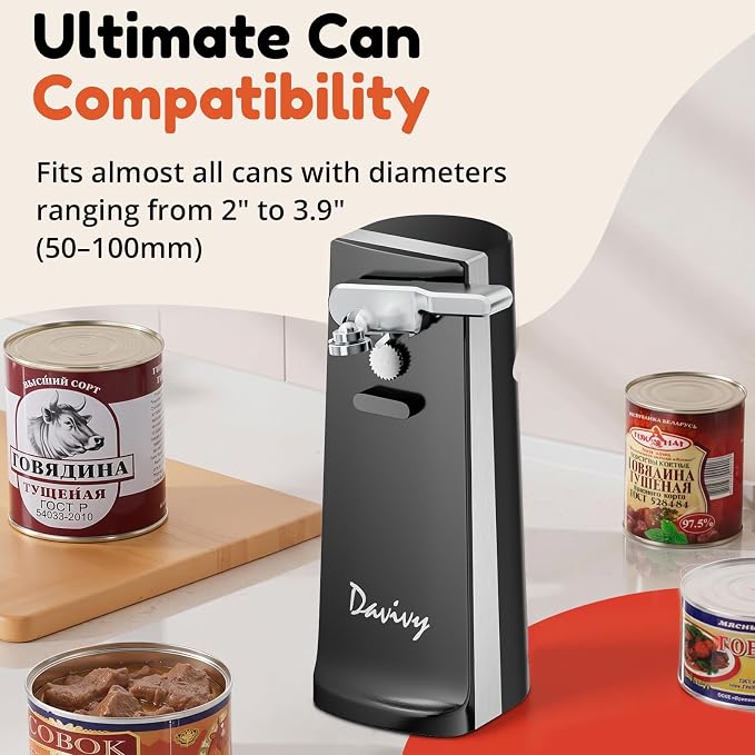 Davivy Electric Can Opener, One Touch Lid Opener, Removable Stainless Steel Cutter and 3-in-1 Design, with Sharpener and Bottle Opener (Black)