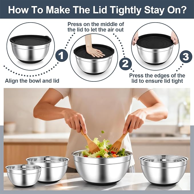 TeamFar Mixing Bowls, Stainless Steel Salad Bowls with Lids - Black | Nesting Bowls with Non-slip Bottom, for Kitchen Baking Preparing Serving, Stackable & 6PCS - 4.6 /2.6 /2 / 1.5 /1 / 0.7 Qt