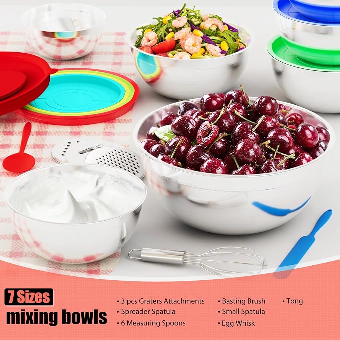 Mixing Bowls with Lids Set, 7 PCS Stainless Steel Mixing Bowls with 3 Grater Attachments, Size 4.5, 4, 3.5, 2.1, 1.5, 1.1, 0.7QT, Ideal for Kitchen Cooking Baking & Serving
