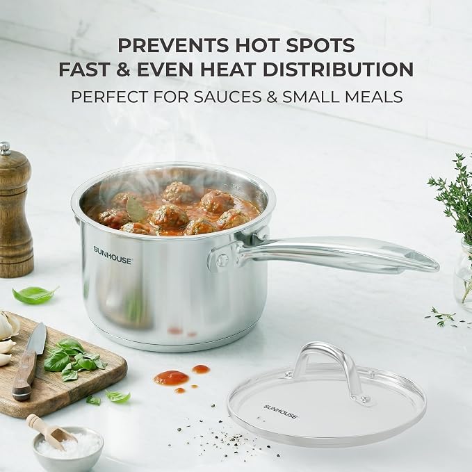 SUNHOUSE 3 QT Stainless Steel Saucepan with Lid, 3-Ply Small Sauce Pot | 18/10 Stainless Steel Pot For Cooking - Induction Compatible Milk Pan - PFOA Free, Oven & Dishwasher Safe Sauce Pan