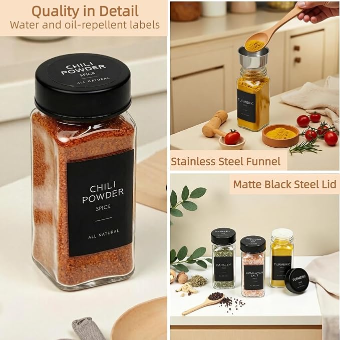 Glass Spice Jars with Label, Seasoning Jars; 26 PCS Black Steel Lids/Airtight Lids Keep Spice Fresh; Pepper Grinder Lid, 360 Labels, Funnel and Brush, Shaker Inserts; 4 oz Jar Set