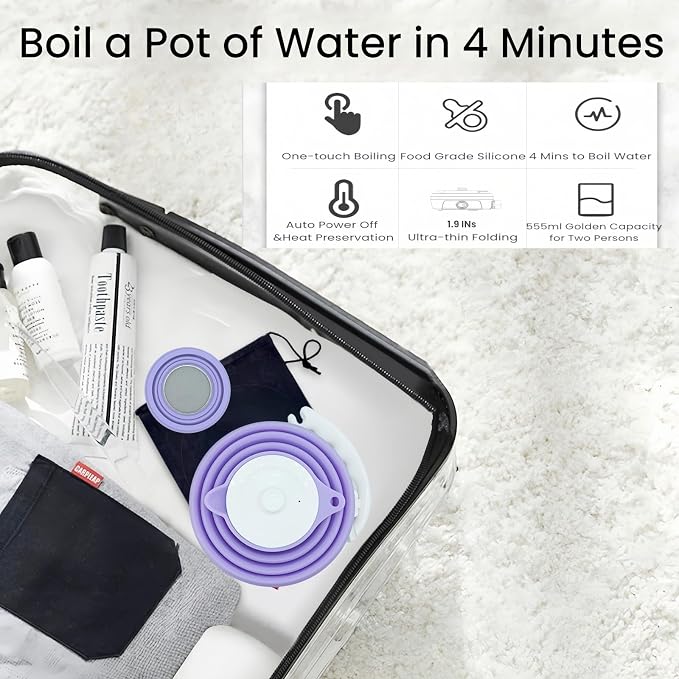 Travel Pour Over Coffee Maker Single Serve, Portabe Single Cup Pour Over Coffee Maker + Portable Kettle Electric, Collapsible Travel Electric Kettle (Purple)