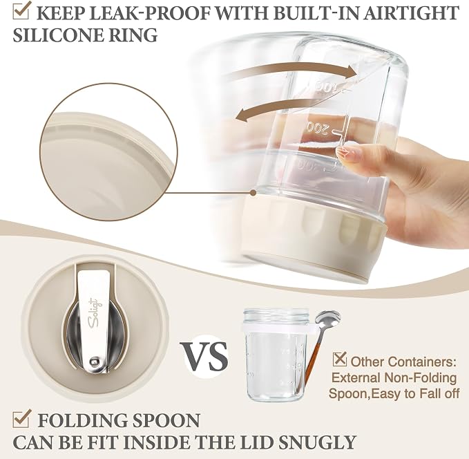 SOLIGT 4 Pack Overnight Oats Containers with Lids, Folding Spoons and Divided Compartments for Fruit & Nuts, Small Glass 16oz Mason Jars for Oatmeal (4 Set-Oat White/Green/Rose/Blue) | Folding Spoons and Divided Compartments for Fruit&Nuts, Small Glass...