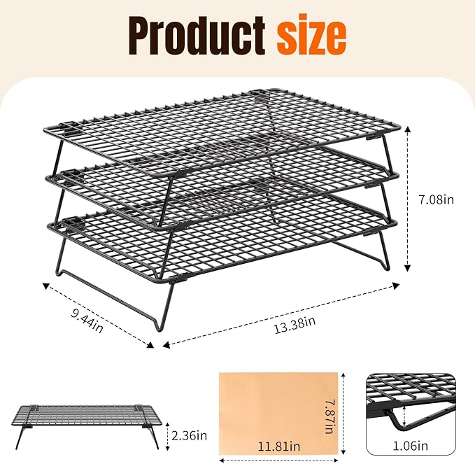 13.4 * 9.4 IN 3-Tier Collapsible Cooling Rack with 50 Pcs Baking Papers | Cookie Cooling Racks, Wire Rack For Cooking & Baking, Dessert Display, Drying, Dishwasher Safe, Black