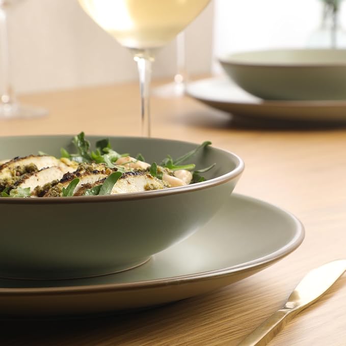 Gibson Home Chiswick House 16-Piece Stoneware Dinnerware Set, Round Plates and Bowls Set for 4, Green with Wax Relief Embossed Rim Detail, Dishwasher Safe – Dinner Plate, Salad Plate & Cereal Bowl