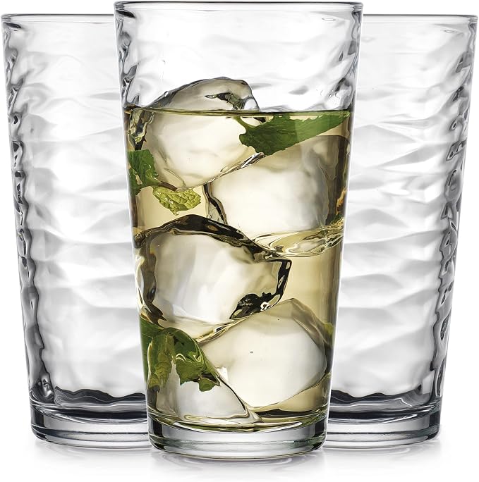 Glaver's Hammered Glass Cups. Cocktail Drinking Glasses Set of 6 Tall Kitchen Glasses, 17 oz Water Glassware For Bar, Juice, Beer, Iced Tea, Everyday Cordial Glasses Drinkware.