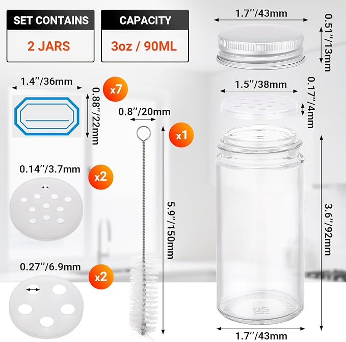 Segarty 3oz Spice Jars with Silver Aluminum Lid, 2 Pack 90ml Round Spices Bottle for Seasonings Cereal Storage, Empty Glass Seasoning Container Set, Salt and Pepper Organizers with 7 Stickers 1 Brush