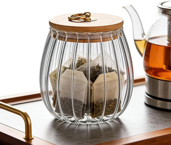 Glass Coffee Nuts Canister Airtight Jar with Bamboo Lid 23 FL OZ Small Oval | Sealed Kitchen Storage Jar, 700ml Petal Ribs Design Decorative Candy Coffee Container, Gold Metal Handle, Easy to Grasp