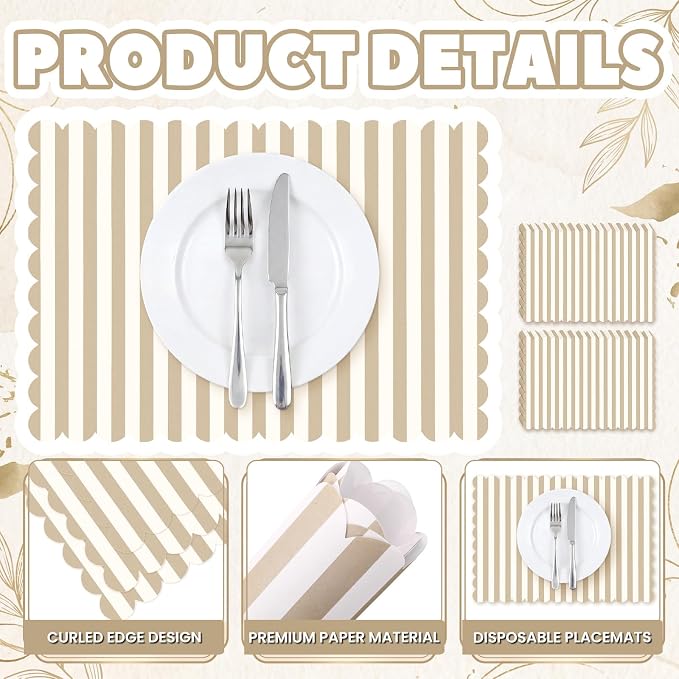 100 Pcs Beige White Stripes Place Mats Farmhouse Scalloped Dusty Scalloped Checkered Placemats Disposable Striped Place Mats for Wedding Bridal Shower Picnic Banquet Home Table