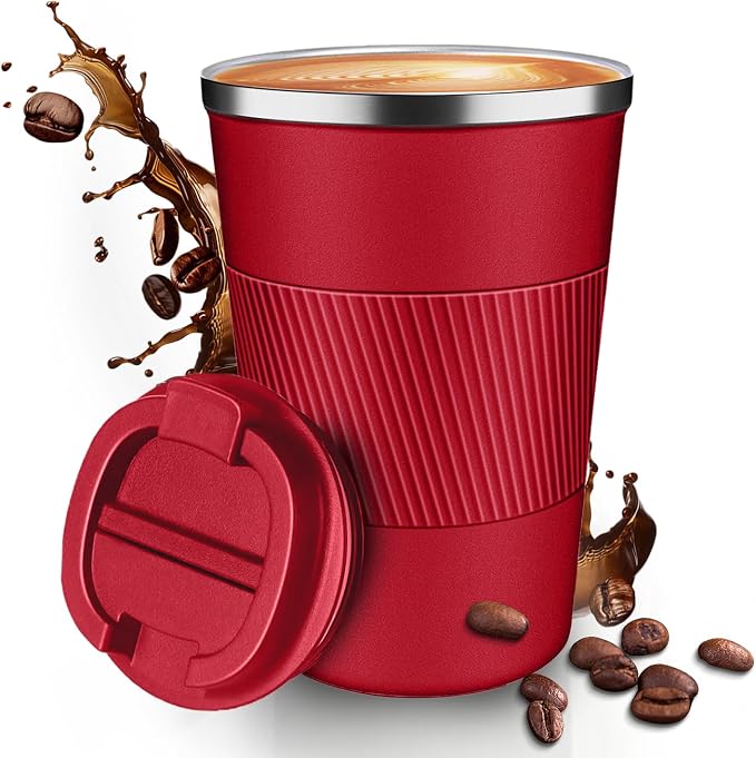 12OZ Travel Coffee Mug Insulated Coffee Cup with Spill Leak Proof Lid, Portable Stainless Steel Tumbler Reusable Hot and Cold Water Mug for Car, Daily, Camping- Red