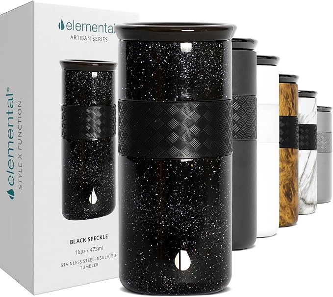 Elemental Artisan 16oz Triple-Wall Insulated Coffee Tumbler w/Ceramic Lid | Triple Wall Coffee Travel Mug, Reusable Stainless Steel Coffee Tumbler; Thermal Coffee Cups for Hot (6 Hrs) & Cold (18 Hrs)