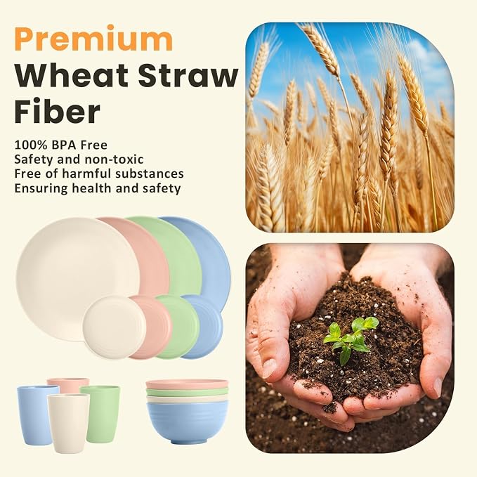 Premium Dinnerwave Sets, Lightweight & Unbreakable Wheat Straw Dish Set - Plates and Bowls Set with Cups, 16 PCS Microwave and Dishwasher Safe Dinnerware Set - Multi Light