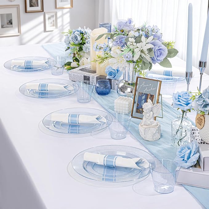 DaYammi 210PCS Blue Glitter Plastic Dinnerware Set for 30 Guests, Fancy Disposable Plates for Party, Include: 30 Dinner Plates, 30 Dessert Plates, 30 Pre Rolled Napkins with Blue Silverware, 30 Cups