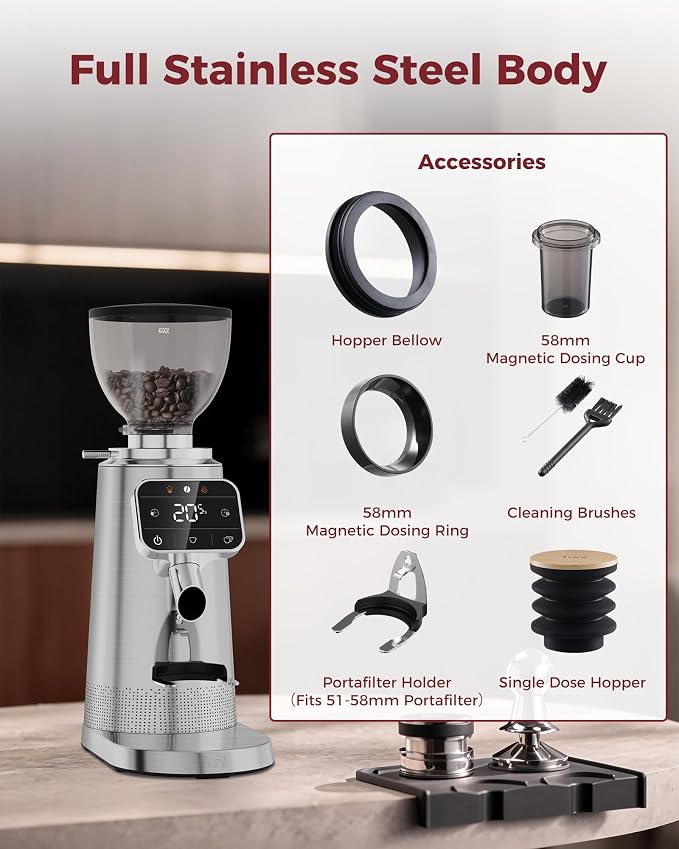 Tuni G3 64mm Flat Burr Electric Coffee Grinder with 100 Grind, Silver | Commercial Grade Espresso Grinder with Single Dose Set, Touchscreen Display, Anti-Static Tech, Stainless Steel
